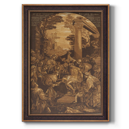 Monochrome religious painting of the raising of Lazarus by Leandro Bassano printed on canvas in an ornate bronzed mahogany wood frame with a vertical orientation.