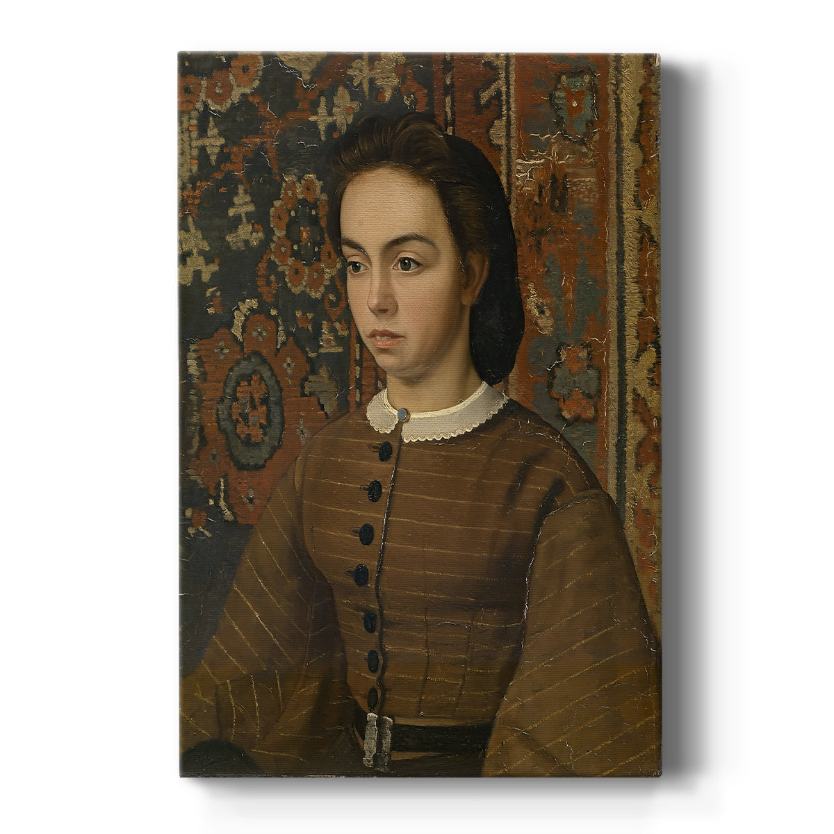Canvas art print featuring a realistic portrait of a woman with soft tones and composed expression on a clean white background.