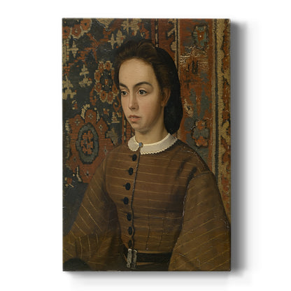 Canvas art print featuring a realistic portrait of a woman with soft tones and composed expression on a clean white background.