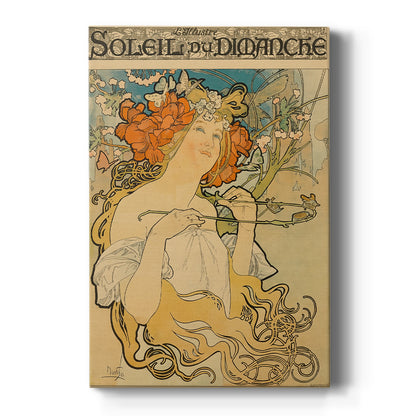 Canvas art print featuring an Art Nouveau poster of a woman with ornate details and publication typography on a clean white background.