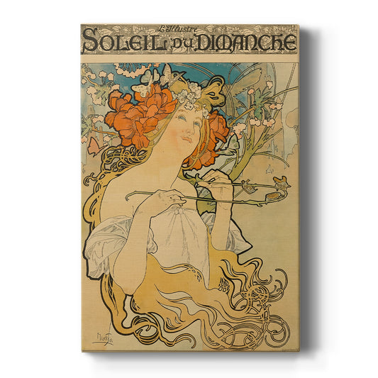 Canvas art print featuring an Art Nouveau poster of a woman with ornate details and publication typography on a clean white background.