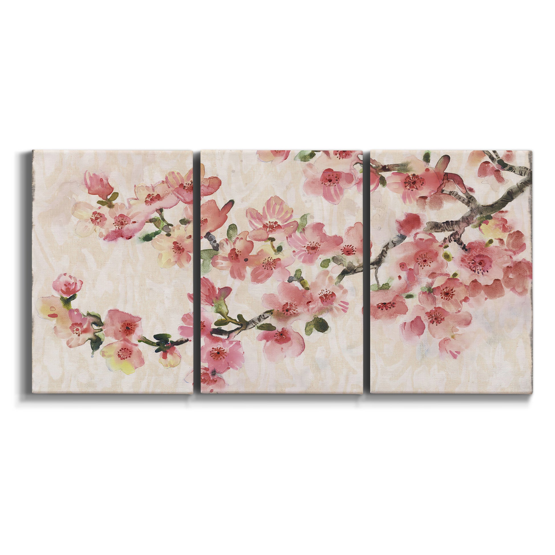 Three-panel canvas wall art featuring blooming cherry blossom branches on white background.