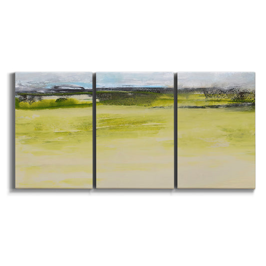 Three-panel canvas wall art featuring abstract terrace landscape view on white background.