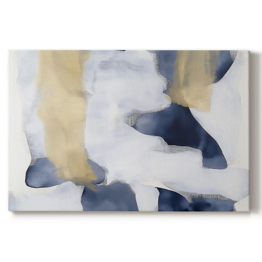 Abstract art featuring blue and gold shapes on a light background in a modern design