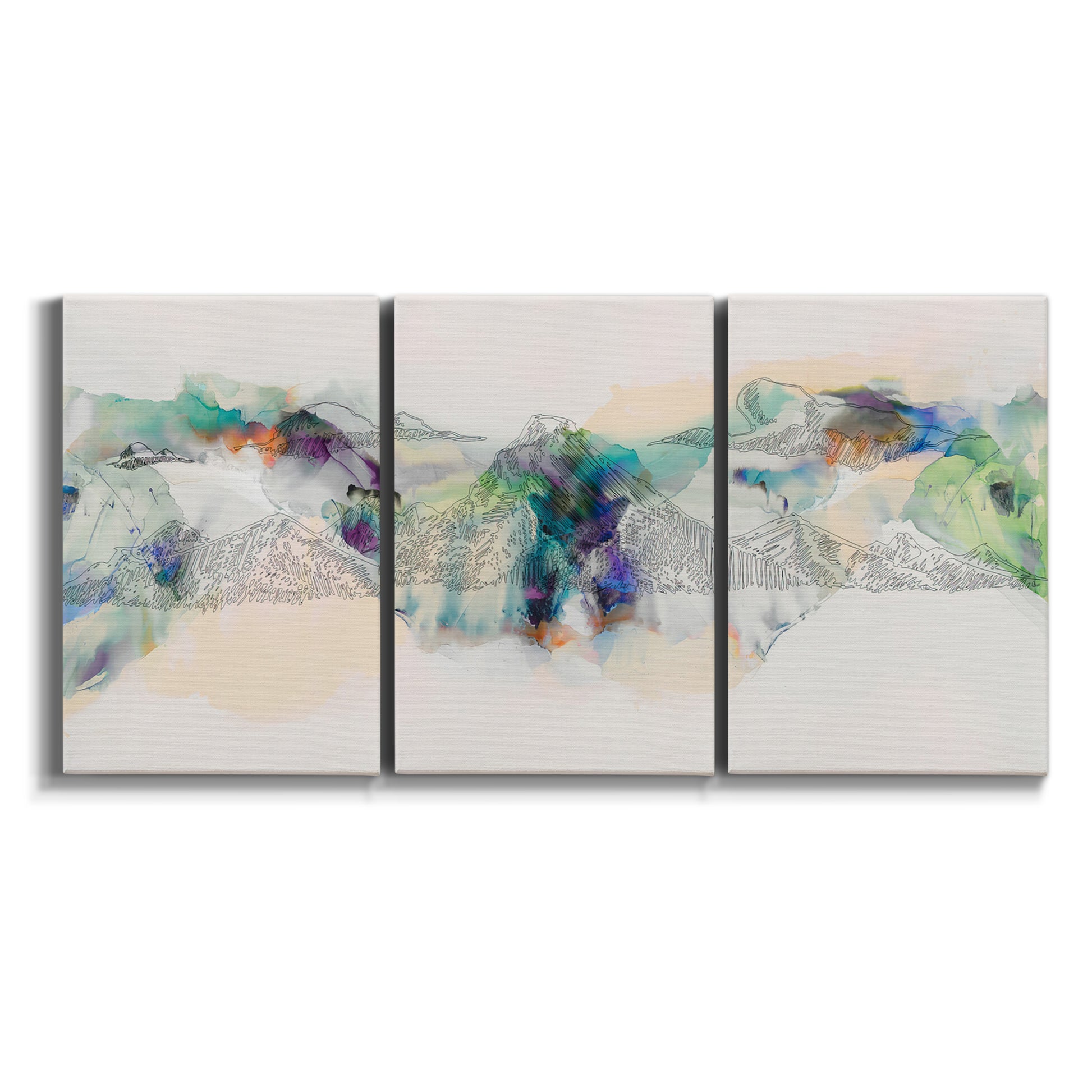 Three-panel canvas wall art featuring abstract mountain range watercolor on white background.