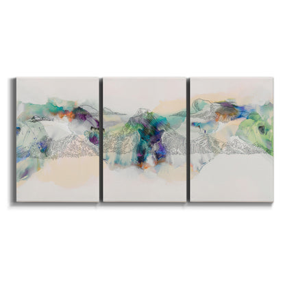 Three-panel canvas wall art featuring abstract mountain range watercolor on white background.