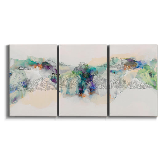 Three-panel canvas wall art featuring abstract mountain range watercolor on white background.