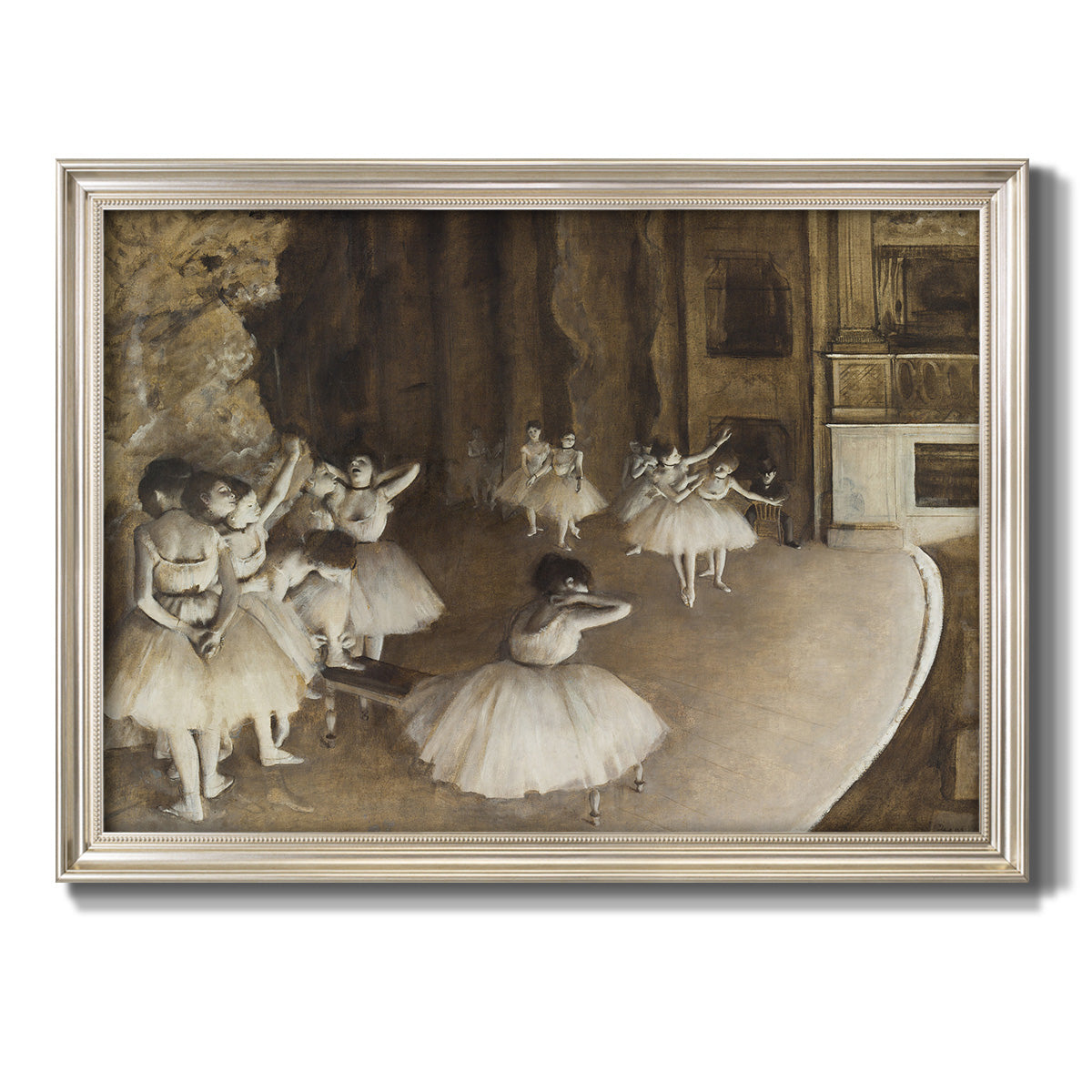 Impressionist ballet rehearsal scene by Edgar Degas printed on canvas in an ornate champagne frame.