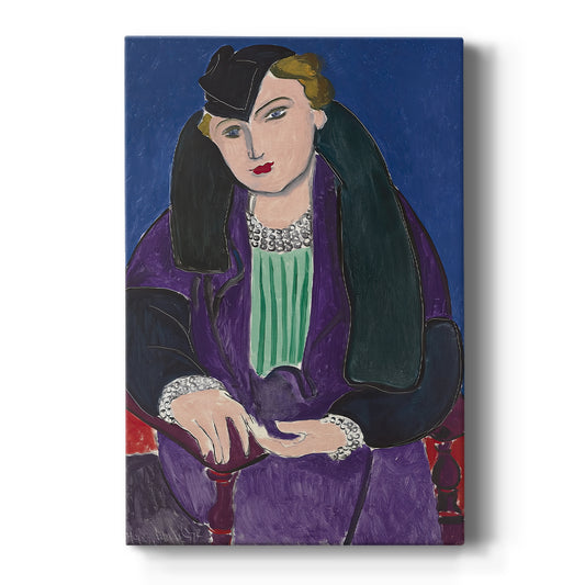 Canvas art print featuring a fauvist portrait of a woman in a bluish-purple coat with strong color contrast on a clean white background.