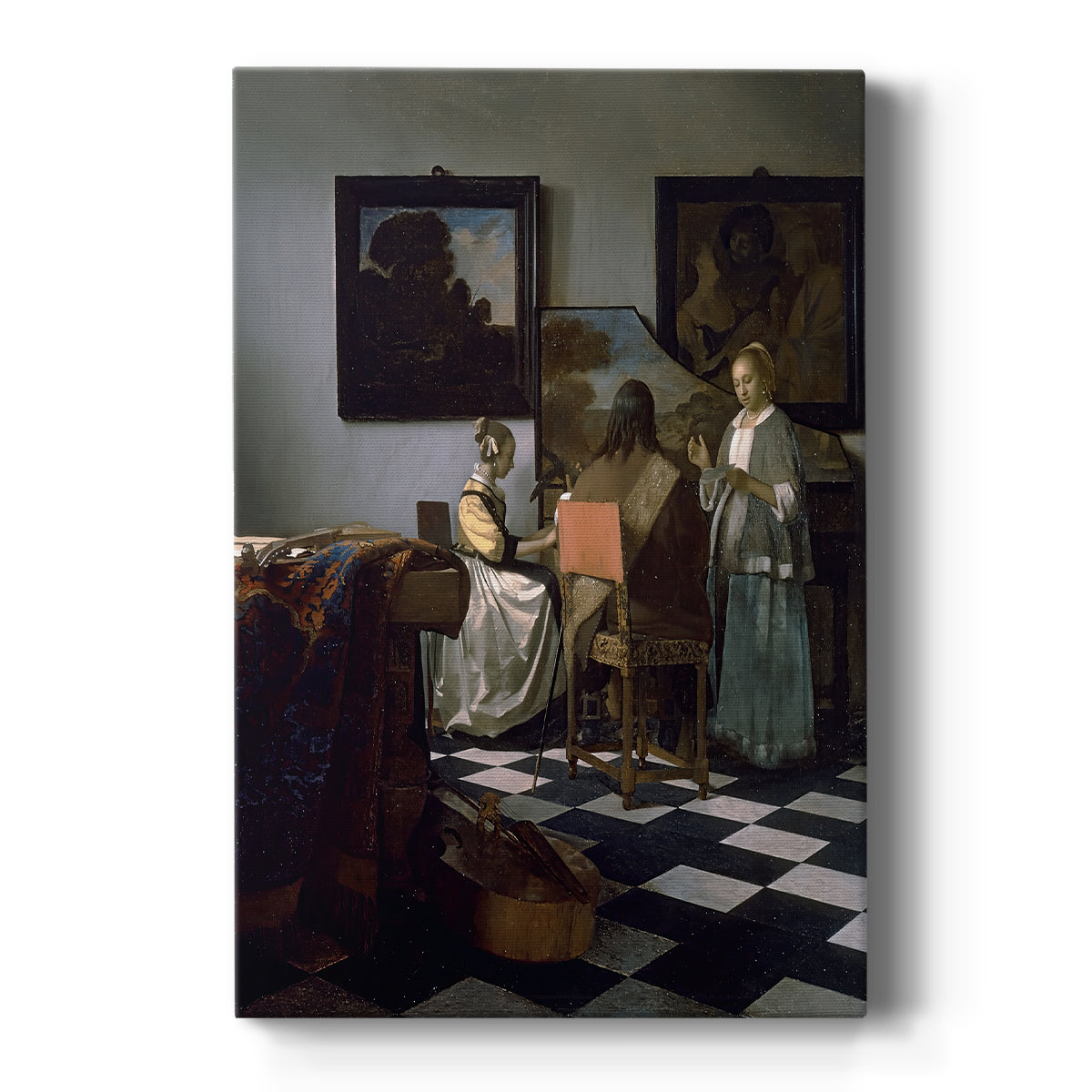 Canvas art print featuring a Baroque interior of figures gathered around music in soft light on a clean white background.