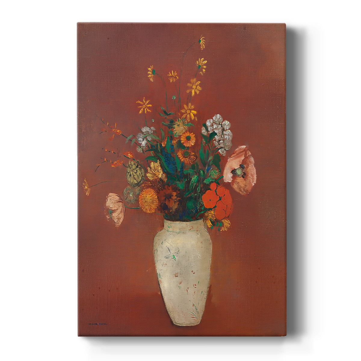 Canvas art print featuring a symbolic still life of flowers in a decorative vase with soft tones on a clean white background.