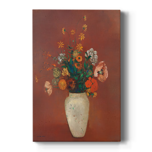Canvas art print featuring a symbolic still life of flowers in a decorative vase with soft tones on a clean white background.