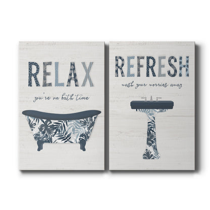 Set of two vertical canvas prints featuring tropical palm leaf bathroom illustration, displayed side by side.