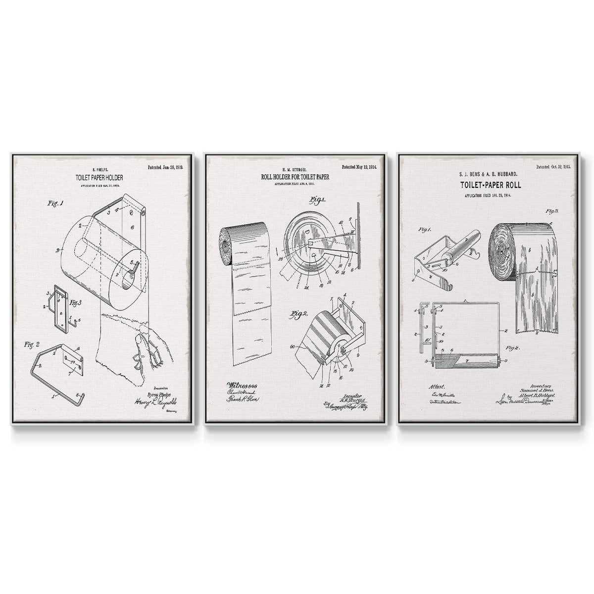 Toilet Paper Patent I - Framed Premium Gallery Wrapped Canvas L Frame 3 Piece Set - Ready to Hang