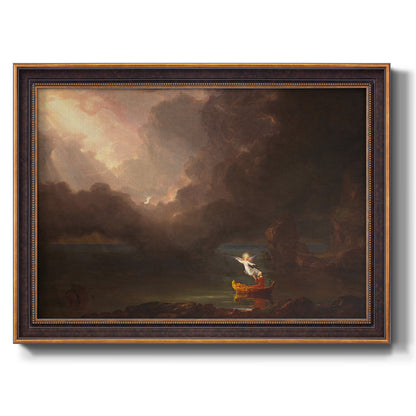 Allegorical landscape painting from the Voyage of Life series by Thomas Cole printed on canvas in an ornate bronzed mahogany wood frame.