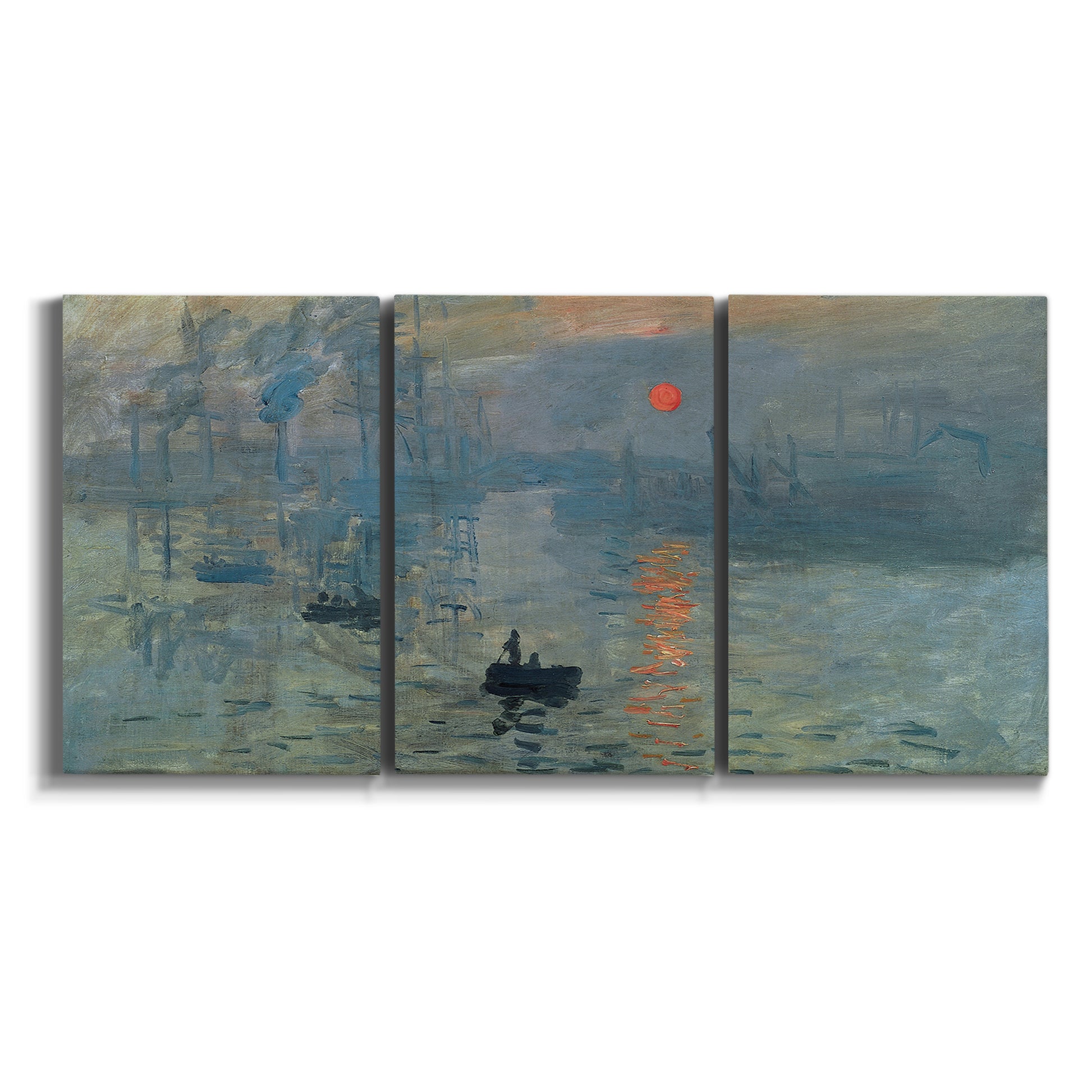 Three-panel canvas wall art featuring misty harbor sunrise with boats on white background.