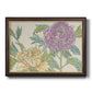 Contemporary peony flower illustration printed on canvas in an ornate mahogany wood frame with gold liner.