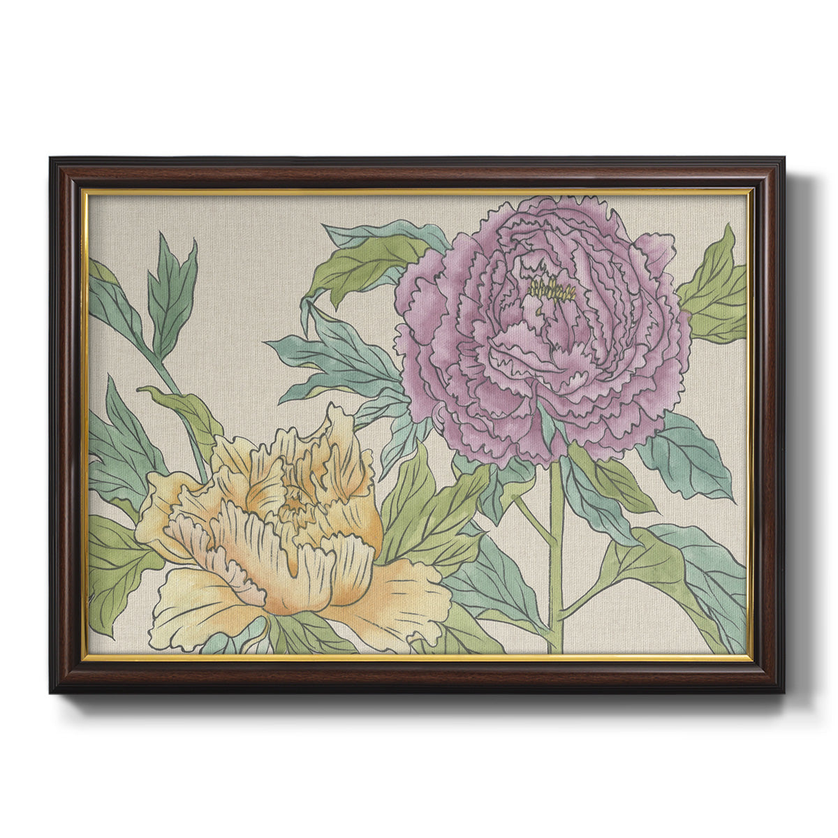 Contemporary peony flower illustration printed on canvas in an ornate mahogany wood frame with gold liner.