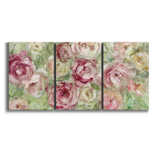 Three-panel canvas wall art featuring blooming climbing rose on white background.