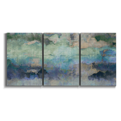 Three-panel canvas wall art featuring cool dreamy abstraction on white background.