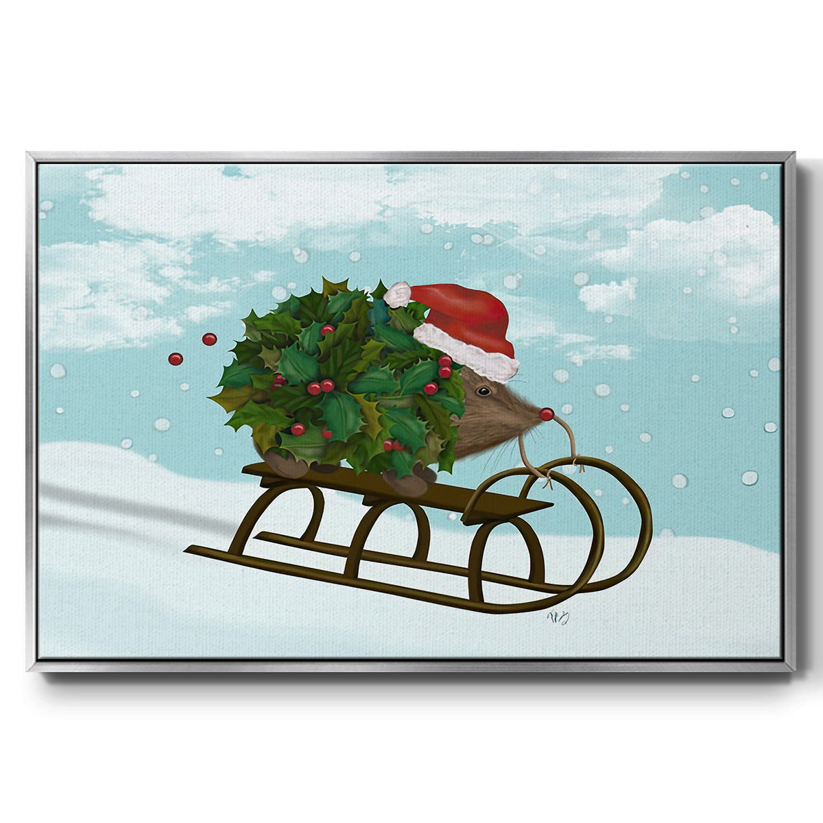 Christmas Holly Hedgehog Sledding - Framed Gallery Wrapped Canvas in Floating Frame