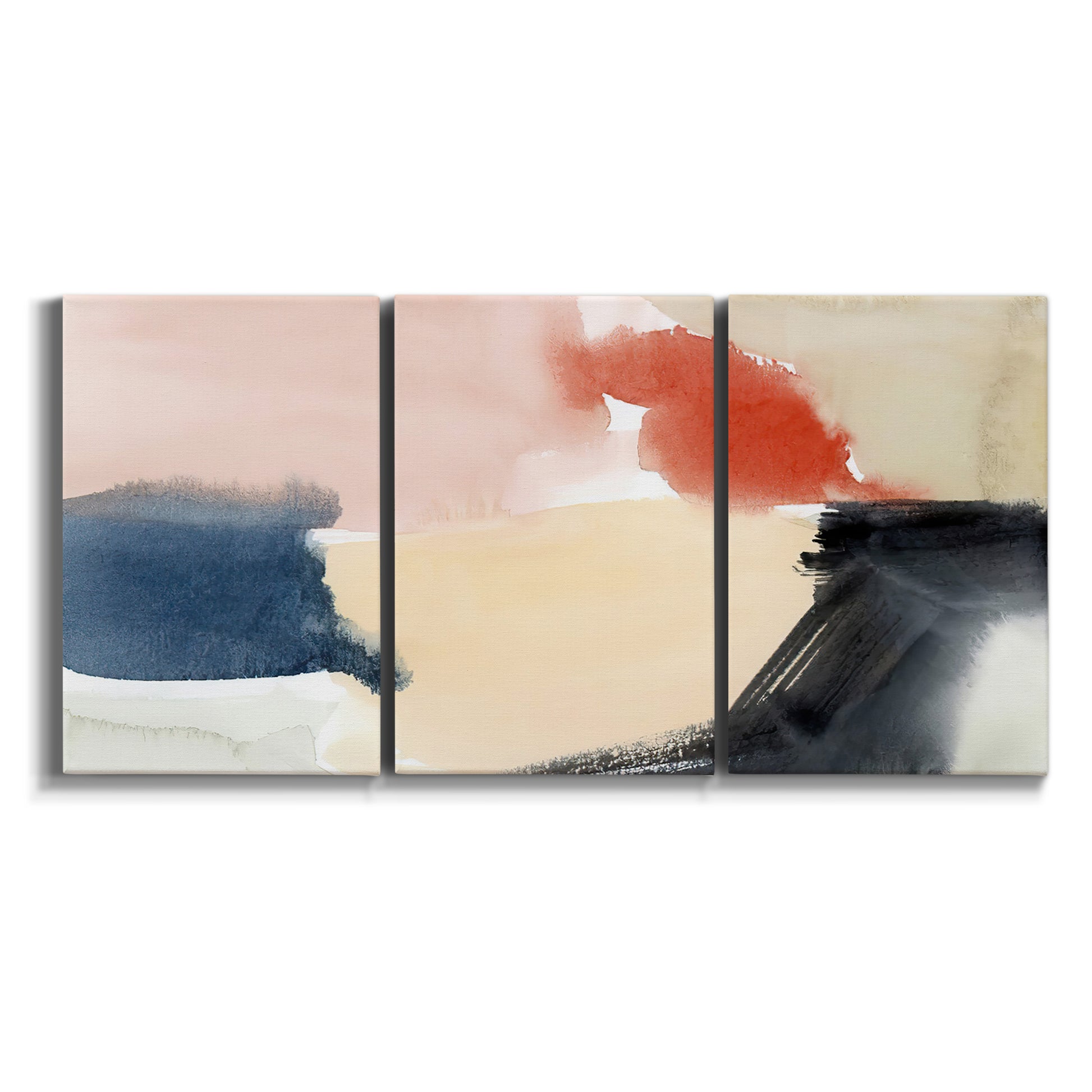 Three-panel canvas wall art featuring playful abstract watercolor shapes on white background.