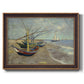 Impressionist coastal fishing boats scene by Vincent van Gogh printed on canvas in an ornate bronzed mahogany wood frame.