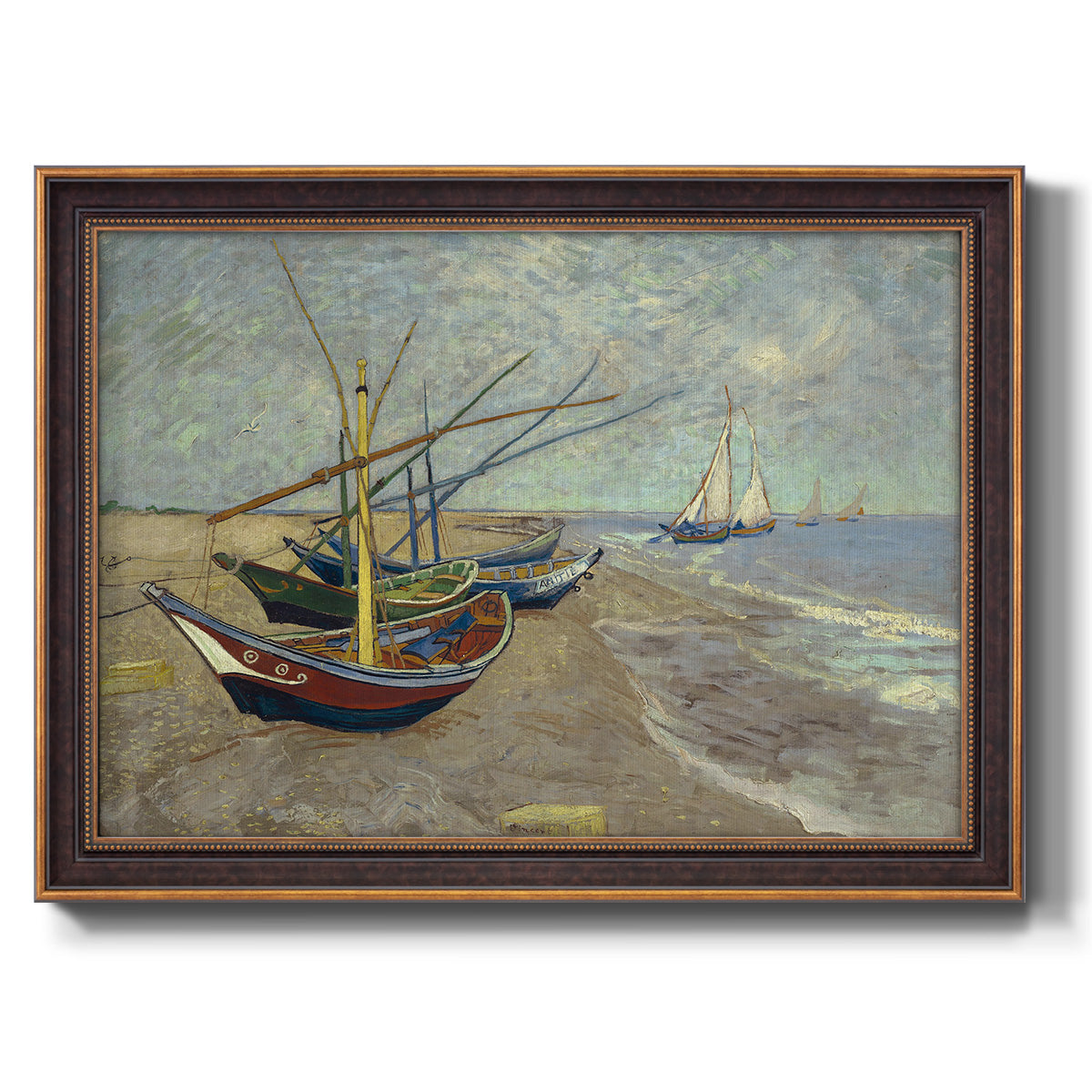 Impressionist coastal fishing boats scene by Vincent van Gogh printed on canvas in an ornate bronzed mahogany wood frame.