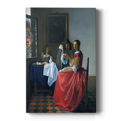 Canvas art print featuring a Baroque interior of a seated woman holding a wine glass in soft light on a clean white background.