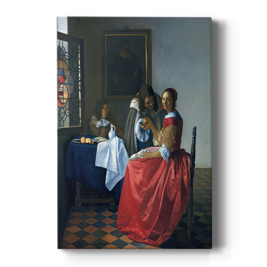 Canvas art print featuring a Baroque interior of a seated woman holding a wine glass in soft light on a clean white background.