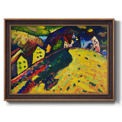 Expressionist village landscape by Wassily Kandinsky printed on canvas in an ornate bronzed mahogany wood frame.