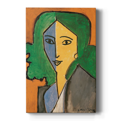 Canvas art print featuring a modern portrait of a woman with bold color blocks and simplified features on a clean white background.