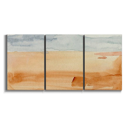 Three-panel canvas wall art featuring minimal horizon with soft blue tones on white background.
