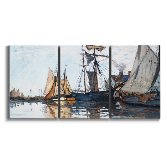 Three-panel canvas wall art featuring fishing boats navigating open water on white background.