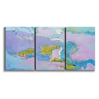 Three-panel canvas wall art featuring abstract view through window forms on white background.