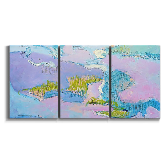 Three-panel canvas wall art featuring abstract view through window forms on white background.
