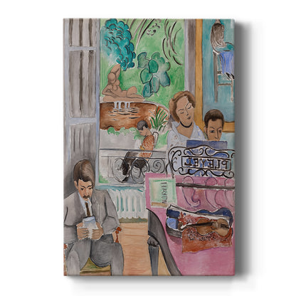 Canvas art print featuring a fauvist interior scene of figures engaged in a music lesson with patterned decor on a clean white background.