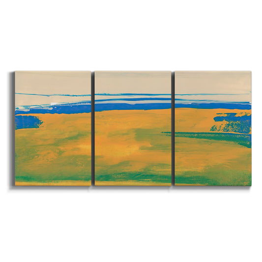 Three-panel canvas wall art featuring abstract coastal inlet landscape on white background.