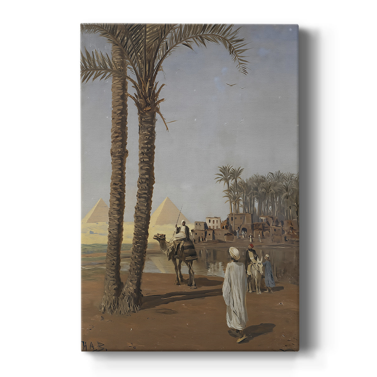 Canvas art print featuring a realistic scene of figures near the pyramids in a sunlit desert landscape on a clean white background.