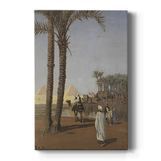 Canvas art print featuring a realistic scene of figures near the pyramids in a sunlit desert landscape on a clean white background.