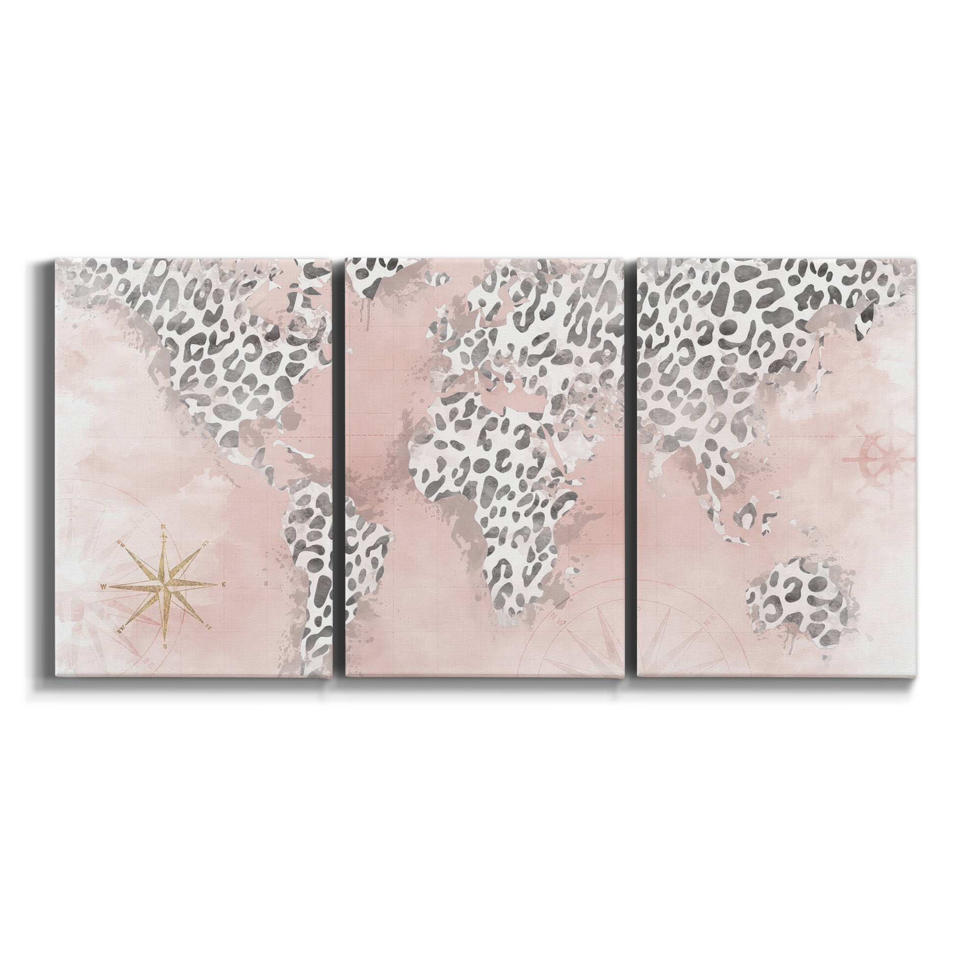Three-panel canvas wall art featuring stylized pink cheetah world map on white background.