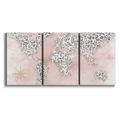 Three-panel canvas wall art featuring stylized pink cheetah world map on white background.