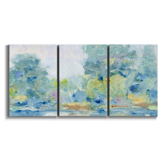 Three-panel canvas wall art featuring quiet abstract morning landscape on white background.