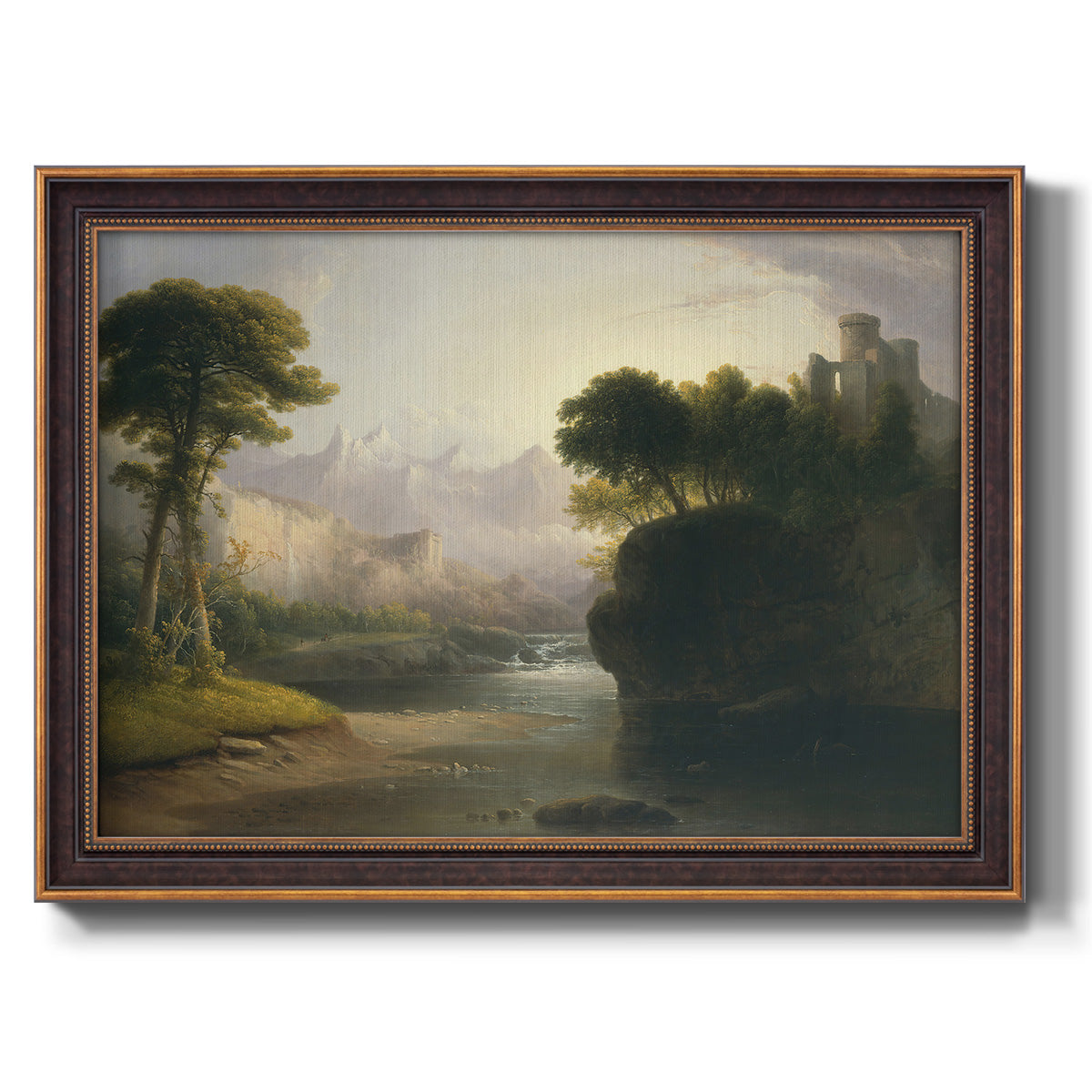 Romantic autumn landscape along the Hudson River by Thomas Doughty printed on canvas in an ornate bronzed mahogany wood frame.