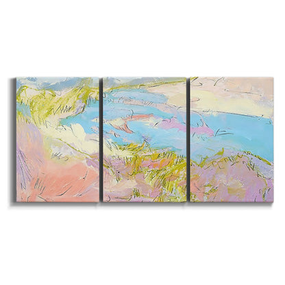Three-panel canvas wall art featuring geometric mid century abstract blocks on white background.