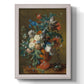 Classical floral still life with flowers in an urn by Jan van Huysum printed on canvas in an ornate champagne frame with a vertical orientation.