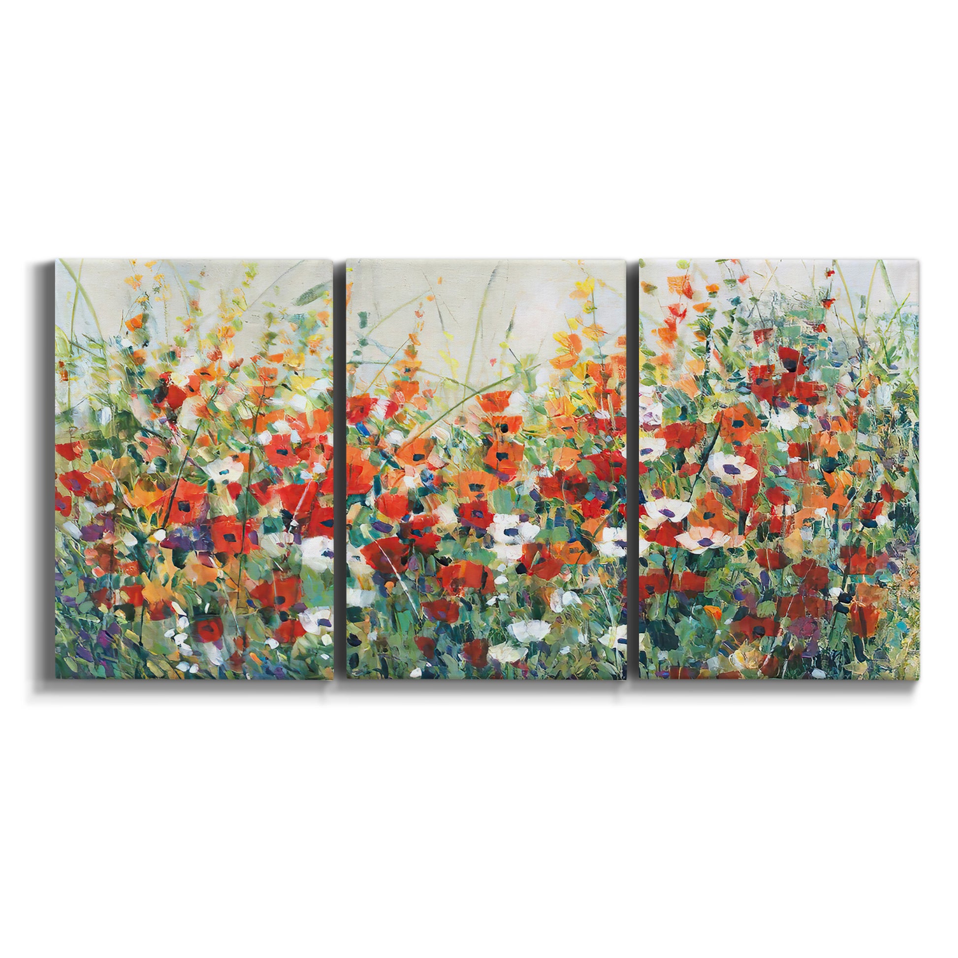 Three-panel canvas wall art featuring colorful garden flowers in bloom on white background.
