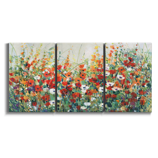 Three-panel canvas wall art featuring colorful garden flowers in bloom on white background.