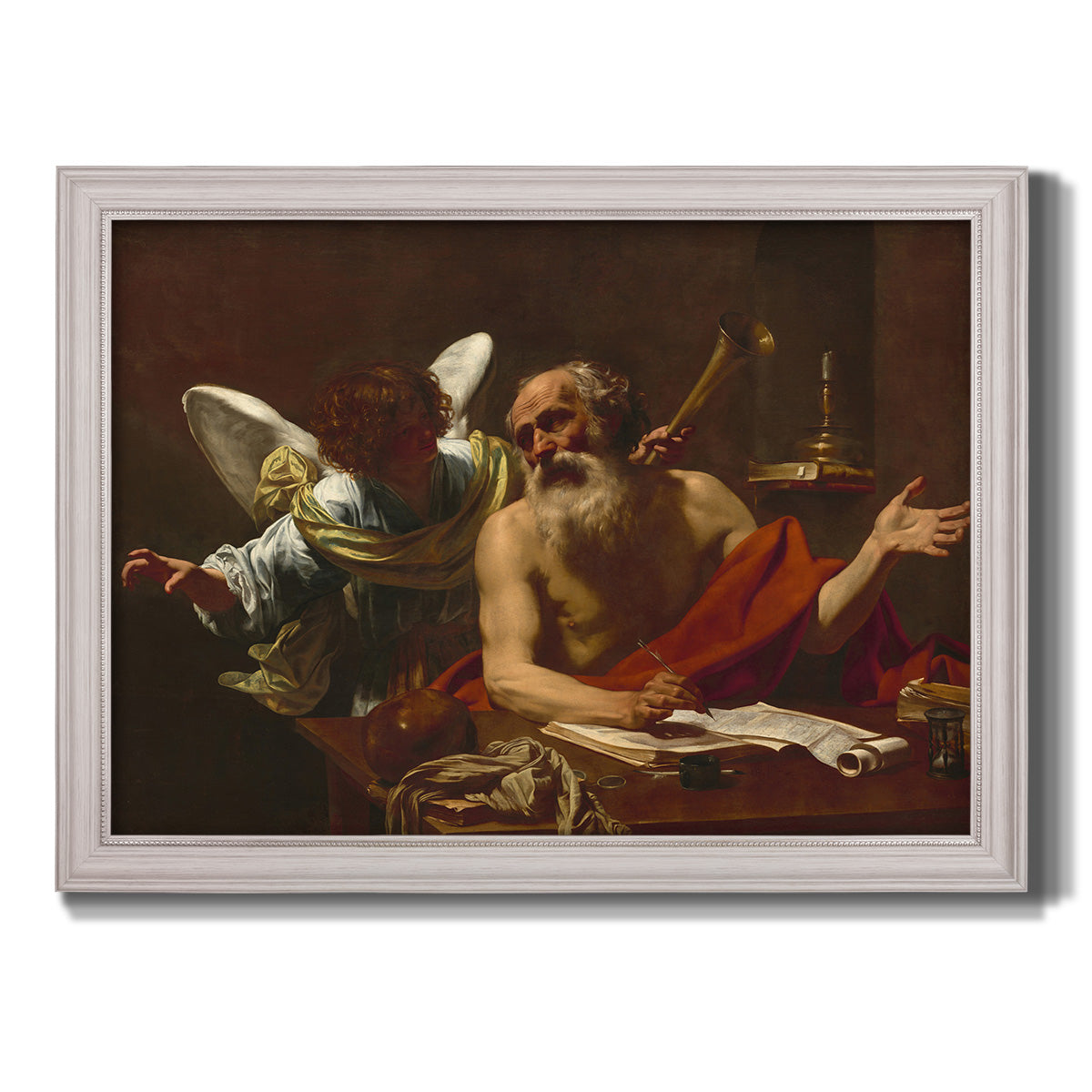 Classical religious painting of Saint Jerome with an angel by Simon Vouet printed on canvas in an ornate weathered white frame.