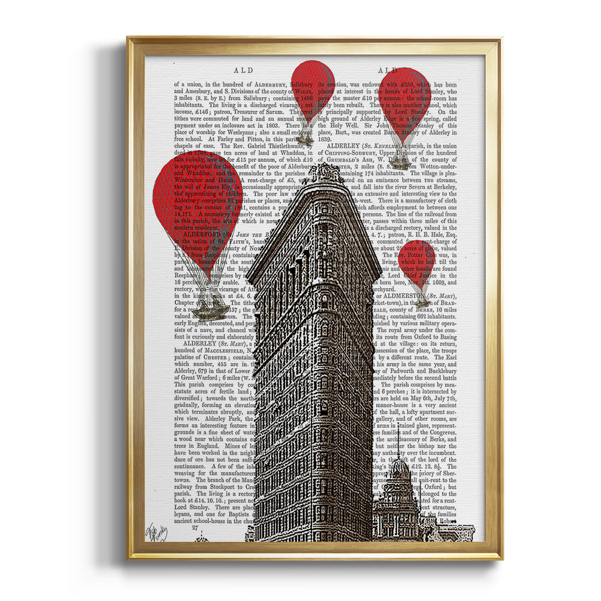 Flat Iron Building and Red Hot Air Balloons - Modern Framed Canvas Print